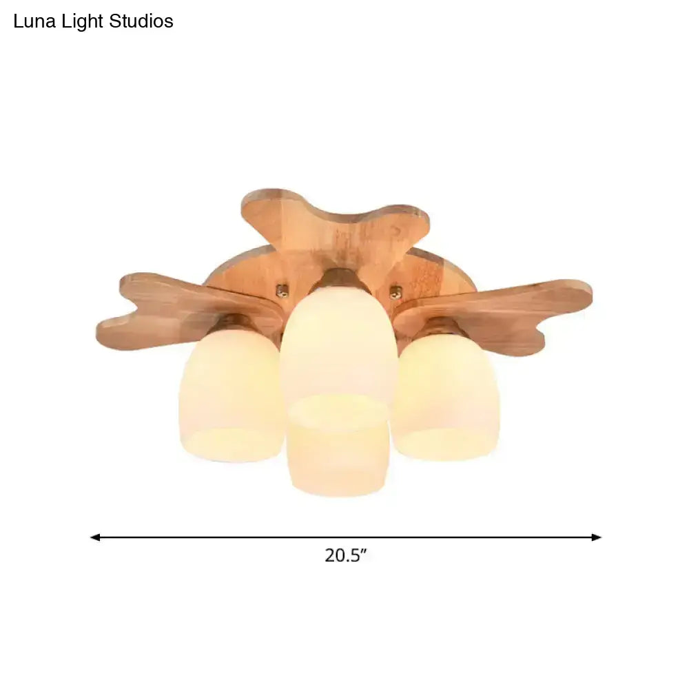 Nordic cream glass bell ceiling light with wood antler for bedroom