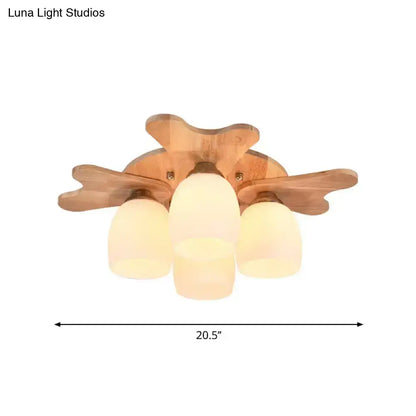 Nordic cream glass bell ceiling light with wood antler for bedroom