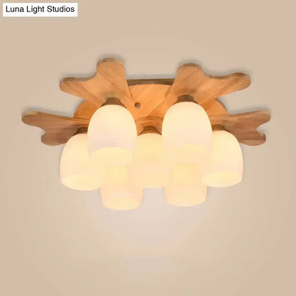 Nordic cream glass bell ceiling light with wood antler for bedroom