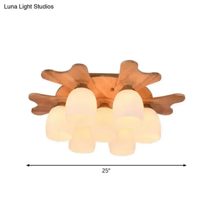 Nordic cream glass bell ceiling light with wood antler for bedroom