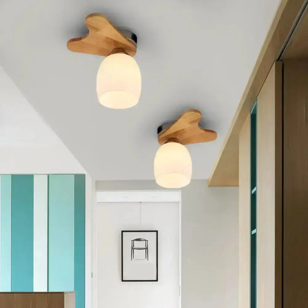 Nordic cream glass bell ceiling light with wood antler for bedroom