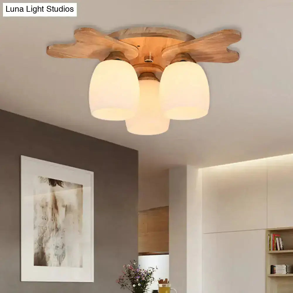 Nordic cream glass bell ceiling light with wood antler for bedroom