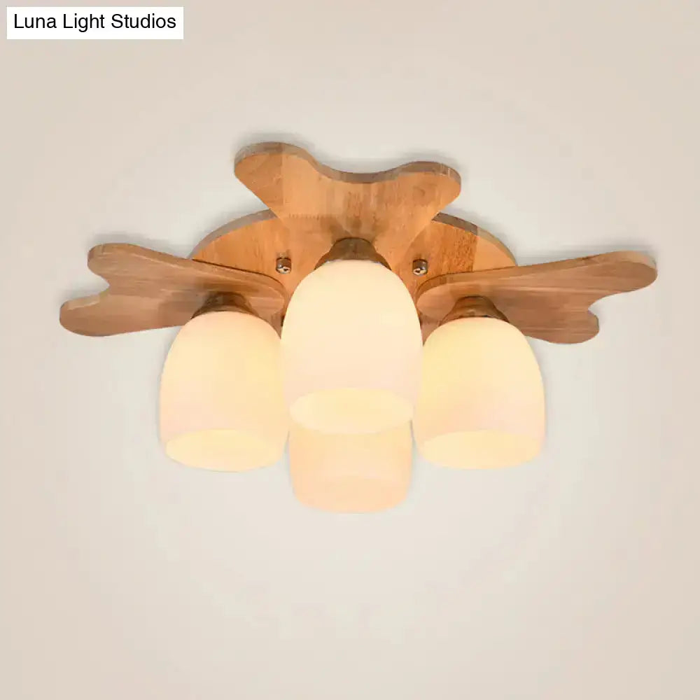 Nordic cream glass bell ceiling light with wood antler for bedroom