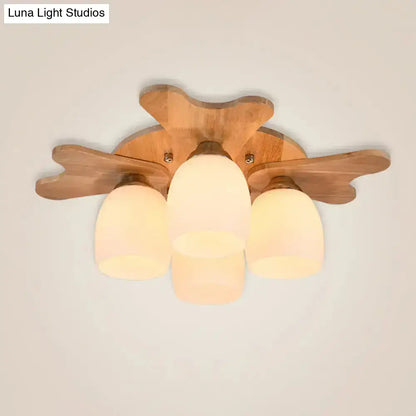 Nordic cream glass bell ceiling light with wood antler for bedroom
