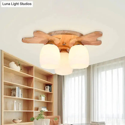 Nordic cream glass bell ceiling light with wood antler for bedroom