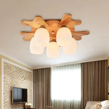 Nordic cream glass bell ceiling light with wood antler for bedroom