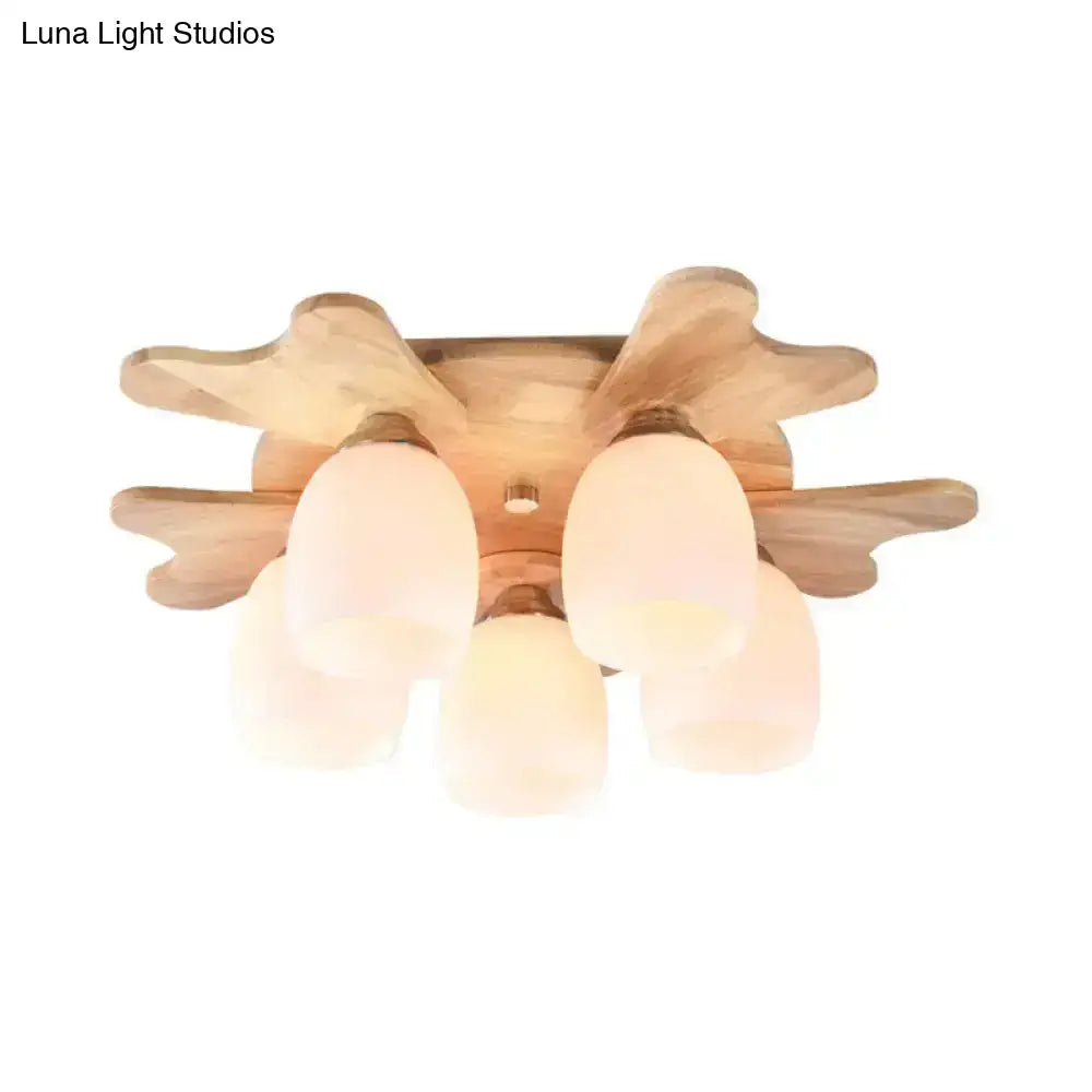 Nordic cream glass bell ceiling light with wood antler for bedroom