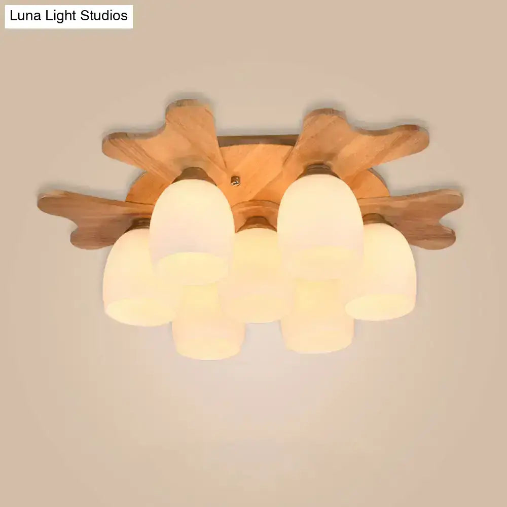 Nordic cream glass bell ceiling light with wood antler for bedroom