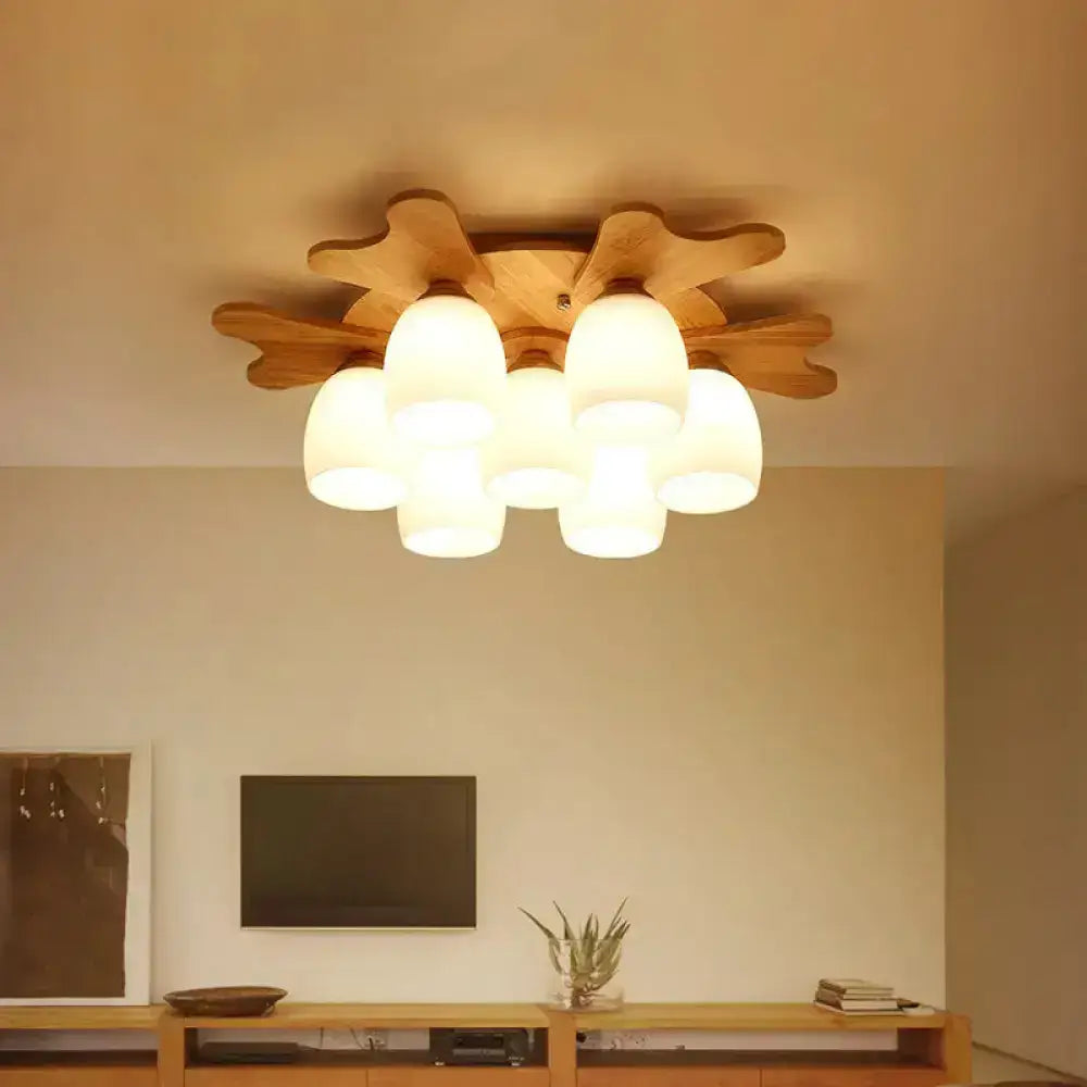 Nordic cream glass bell ceiling light with wood antler for bedroom