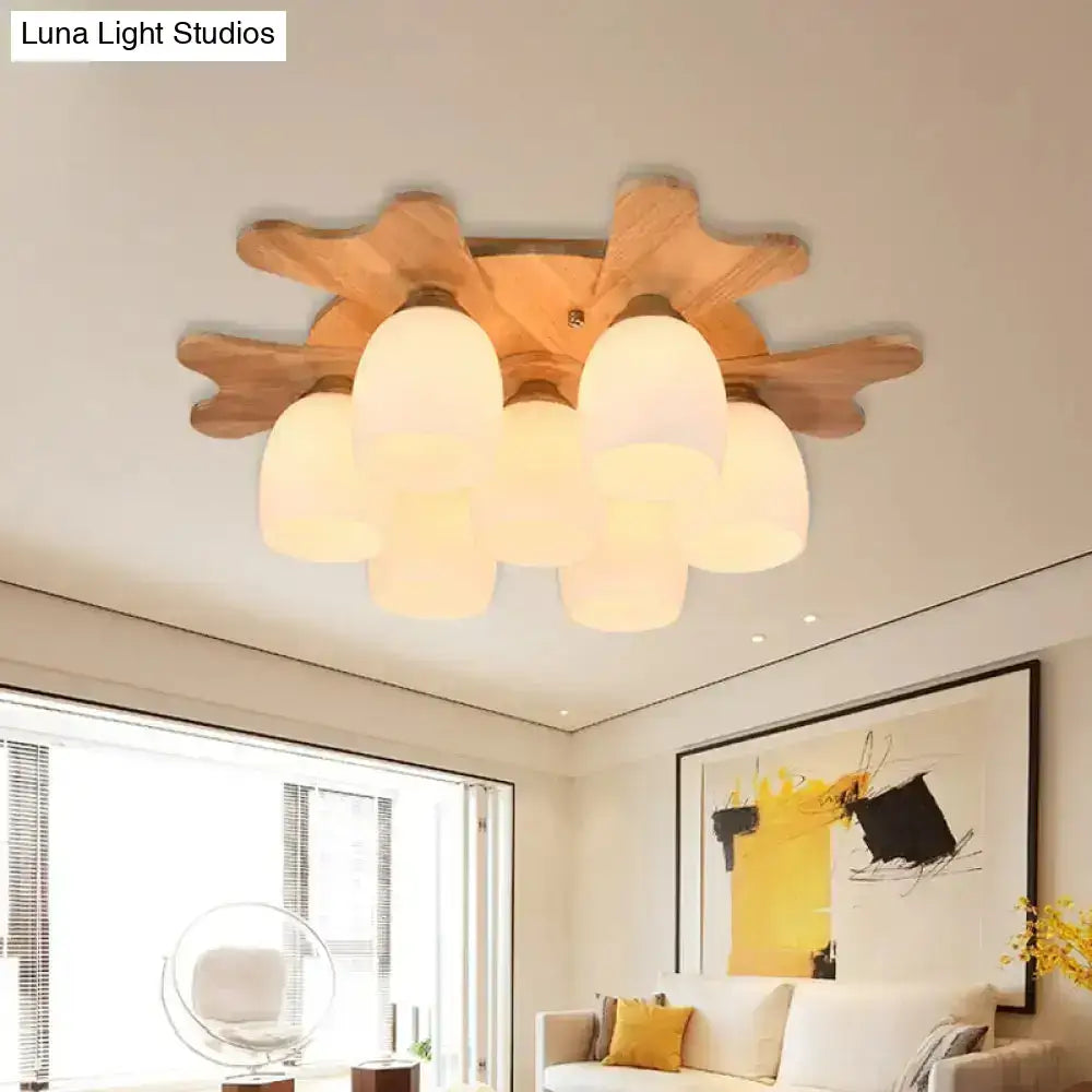Nordic cream glass bell ceiling light with wood antler for bedroom