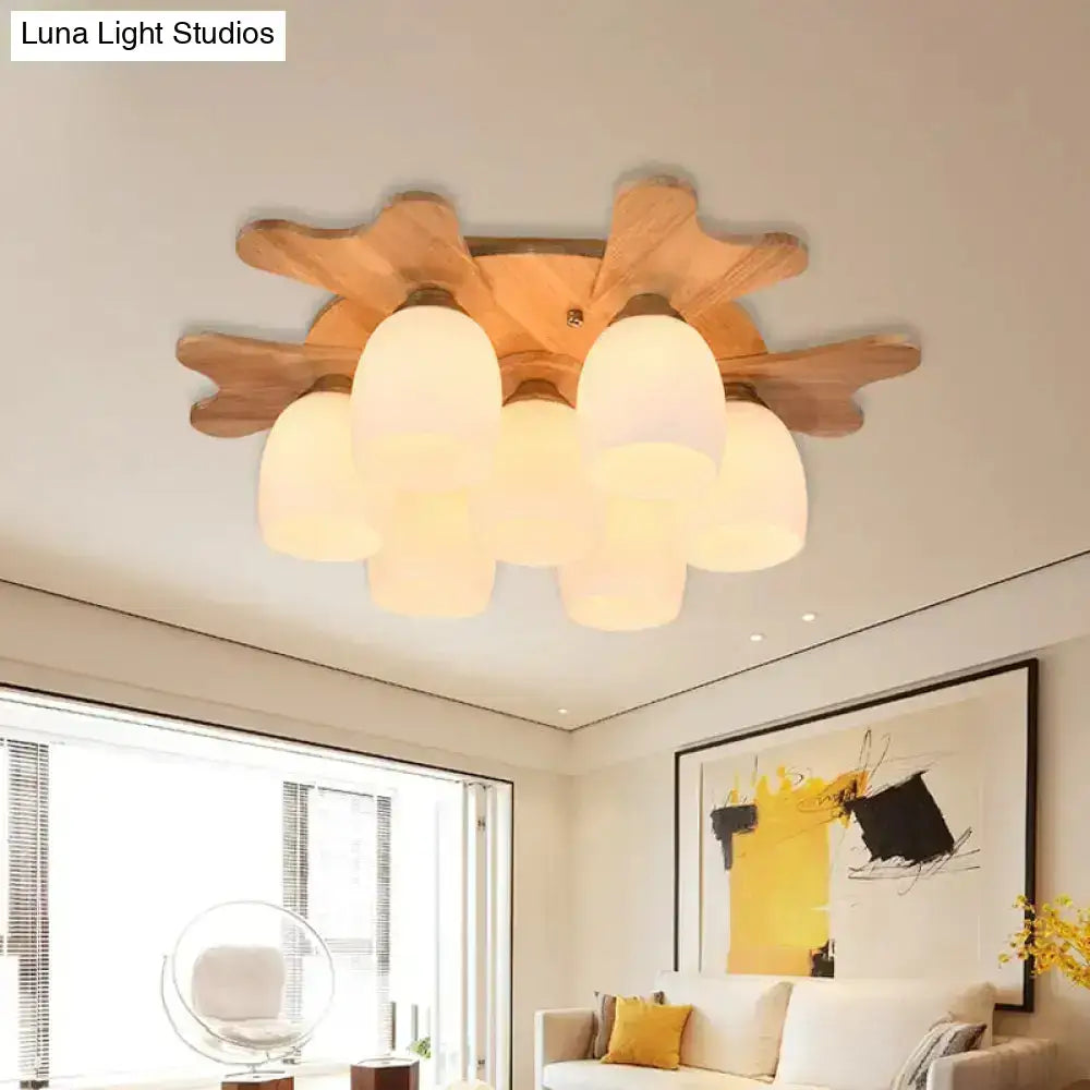 Nordic cream glass bell ceiling light with wood antler for bedroom