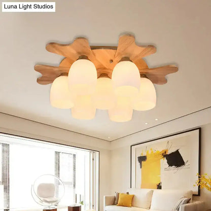 Nordic cream glass bell ceiling light with wood antler for bedroom