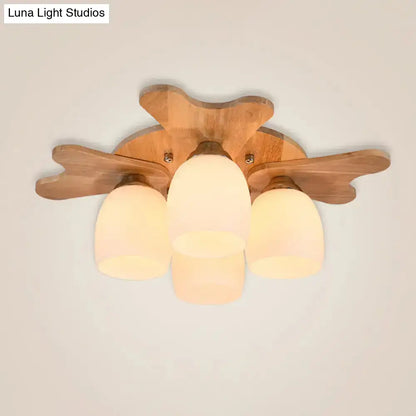 DecorBites™ Nordic Cream Glass Bell Flush Ceiling Light with Antler Top and Wood Accents