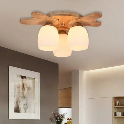 DecorBites™ Nordic Cream Glass Bell Flush Ceiling Light with Antler Top and Wood Accents