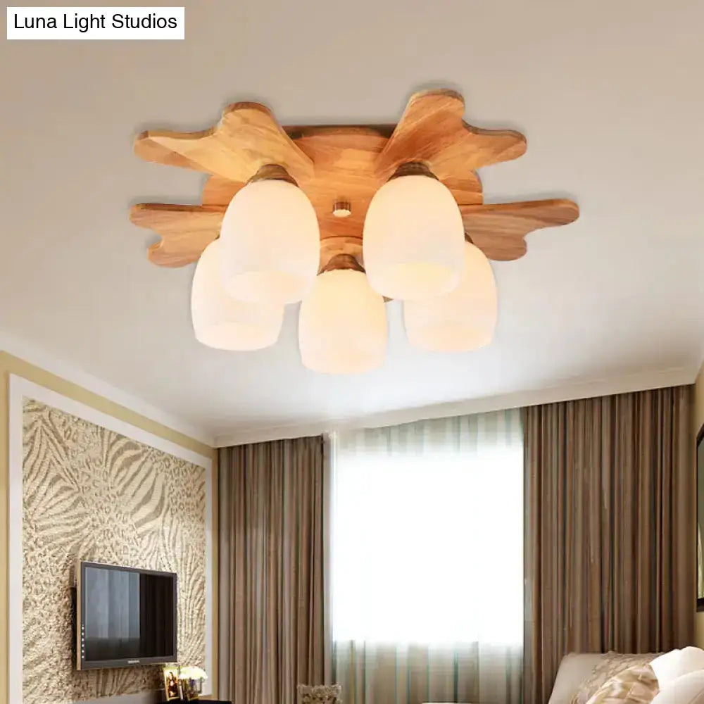 DecorBites™ Nordic Cream Glass Bell Flush Ceiling Light with Antler Top and Wood Accents