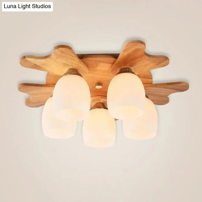 DecorBites™ Nordic Cream Glass Bell Flush Ceiling Light with Antler Top and Wood Accents