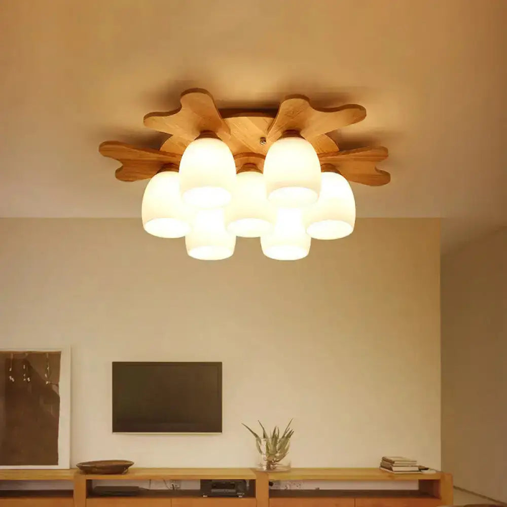 DecorBites™ Nordic Cream Glass Bell Flush Ceiling Light with Antler Top and Wood Accents