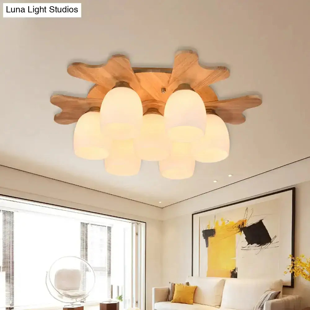 DecorBites™ Nordic Cream Glass Bell Flush Ceiling Light with Antler Top and Wood Accents