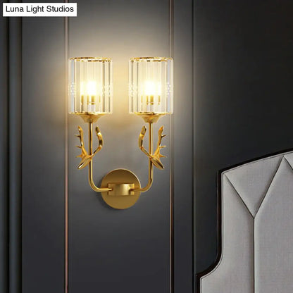 DecorBites™ Nordic Crystal Prism Wall Sconce with Antler Design - Cylinder Wall Mount Light