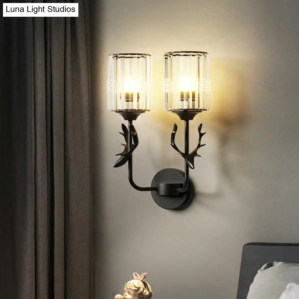 DecorBites™ Nordic Crystal Prism Wall Sconce with Antler Design - Cylinder Wall Mount Light