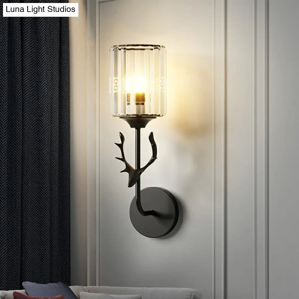 DecorBites™ Nordic Crystal Prism Wall Sconce with Antler Design - Cylinder Wall Mount Light