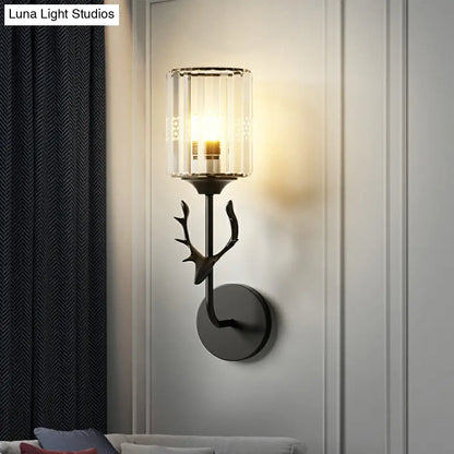 DecorBites™ Nordic Crystal Prism Wall Sconce with Antler Design - Cylinder Wall Mount Light