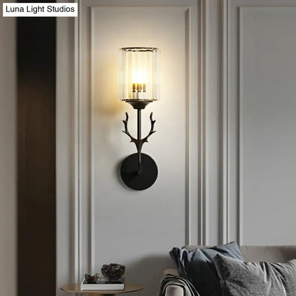 DecorBites™ Nordic Crystal Prism Wall Sconce with Antler Design - Cylinder Wall Mount Light