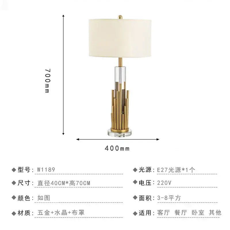 Nordic crystal table lamp for bedroom with brass accents