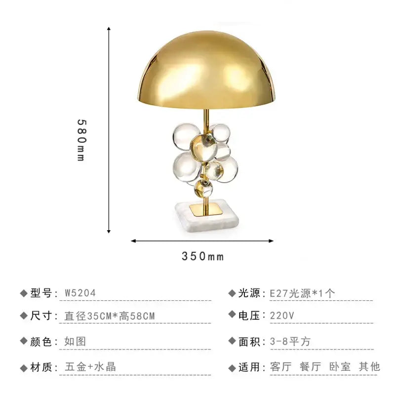 Nordic crystal table lamp for bedroom with brass accents