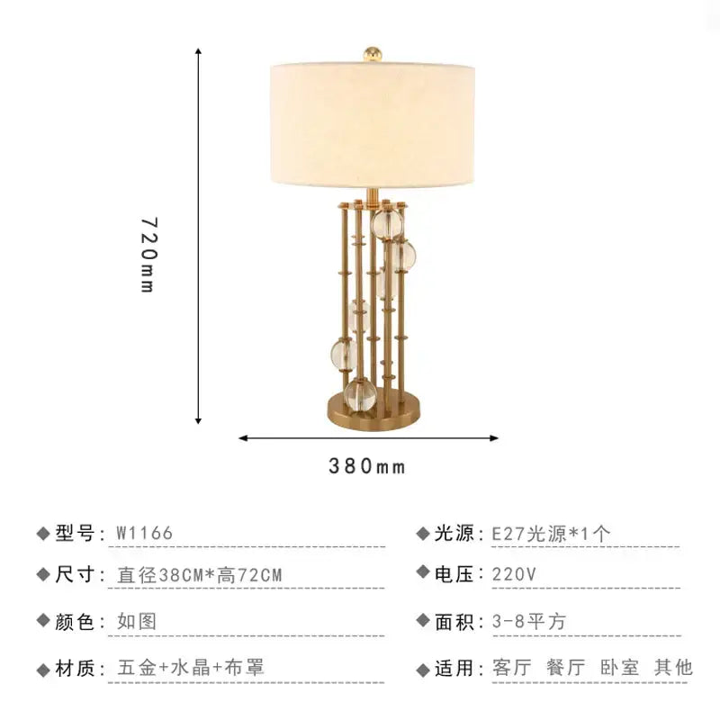 Nordic crystal table lamp for bedroom with brass accents