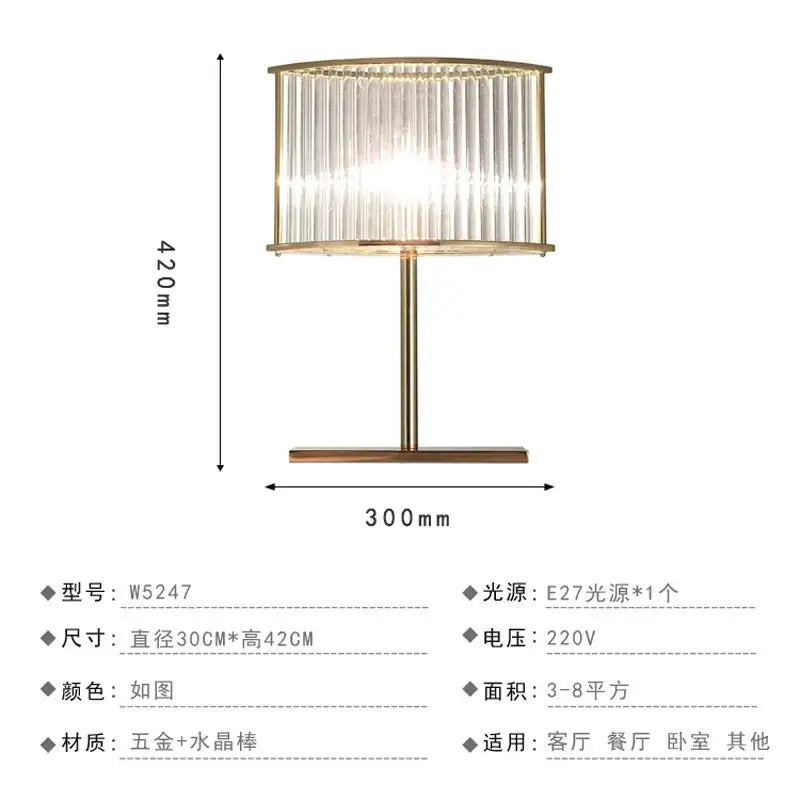 Nordic crystal table lamp for bedroom with brass accents