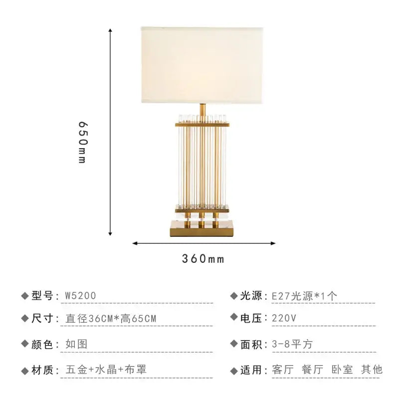 Nordic crystal table lamp for bedroom with brass accents