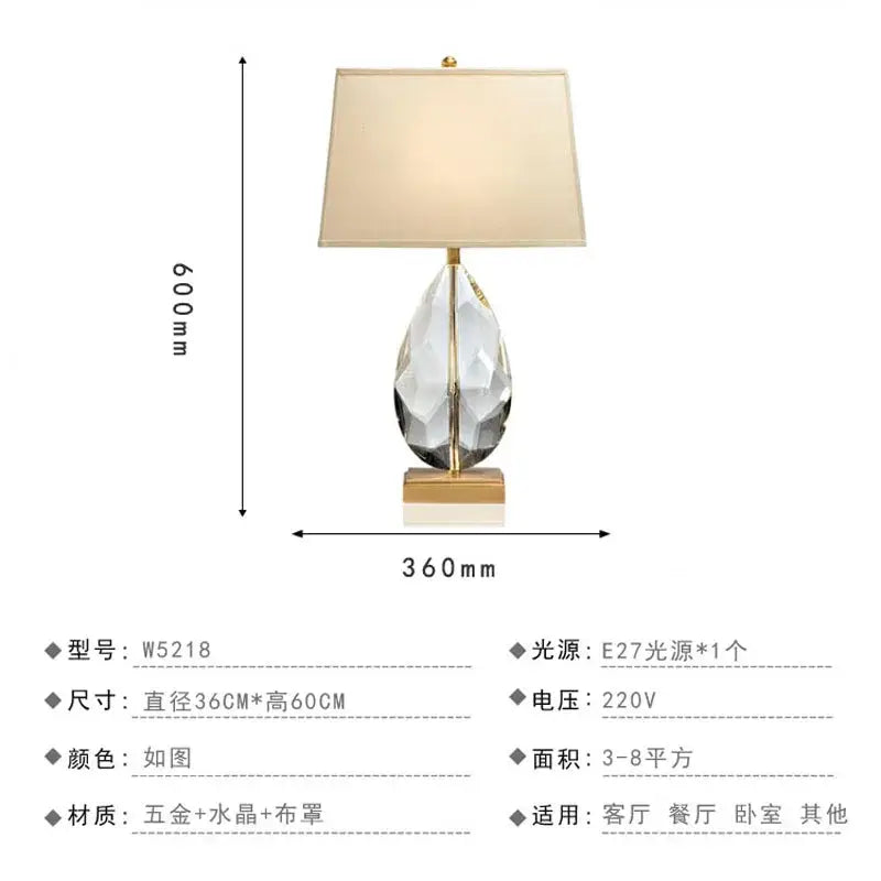 Nordic crystal table lamp for bedroom with brass accents