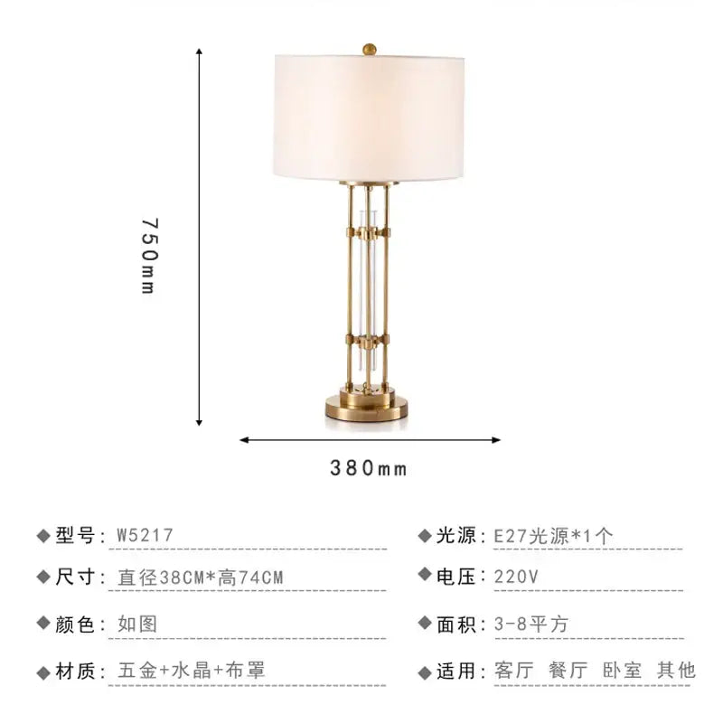 Nordic crystal table lamp for bedroom with brass accents