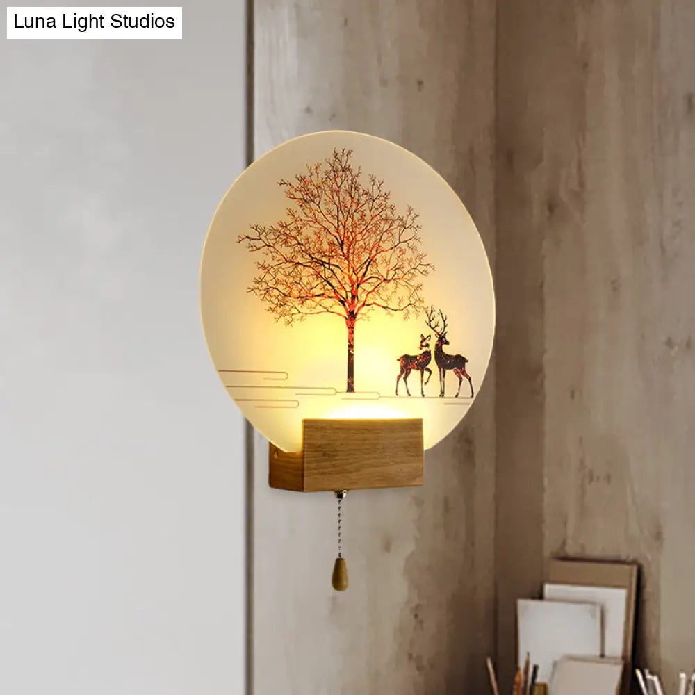 DecorBites™ Nordic Deer Tree Mural LED Wall Sconce in Wood with Pull Chain - Acrylic Workshop Lamp
