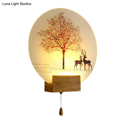 DecorBites™ Nordic Deer Tree Mural LED Wall Sconce in Wood with Pull Chain - Acrylic Workshop Lamp