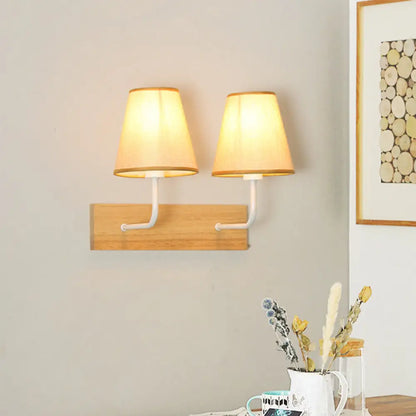 DecorBites™ Nordic Flaxen Cone Shade Wall Mounted Light with Wood Backplate - 2 Bulbs Sconce Fixture