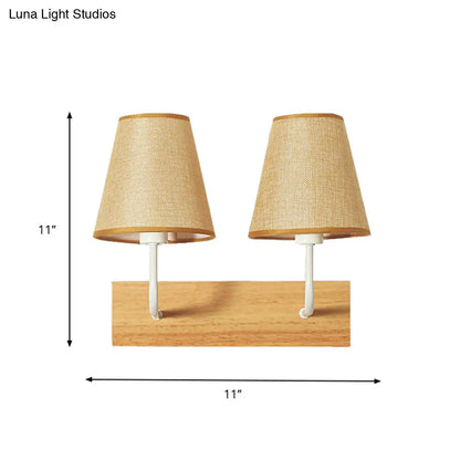 DecorBites™ Nordic Flaxen Cone Shade Wall Mounted Light with Wood Backplate - 2 Bulbs Sconce Fixture
