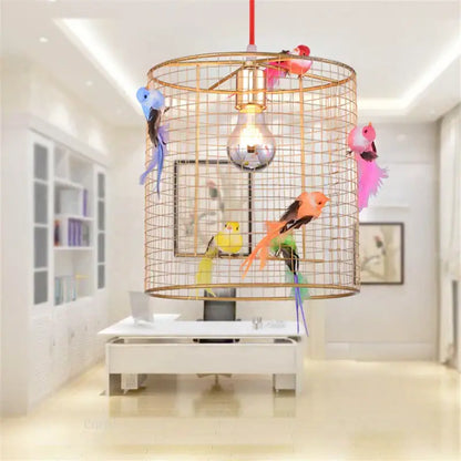 Nordic gold bird cage pendant lamp bedroom light with colorful birds