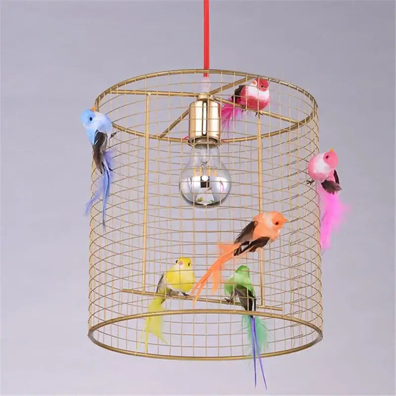 Nordic gold bird cage pendant lamp bedroom light with colorful birds