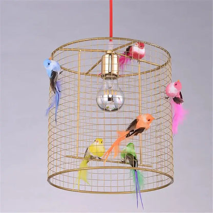 Nordic gold bird cage pendant lamp bedroom light with colorful birds