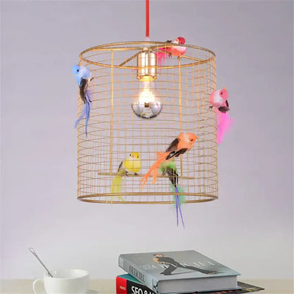 Nordic gold bird cage pendant lamp bedroom light with colorful birds
