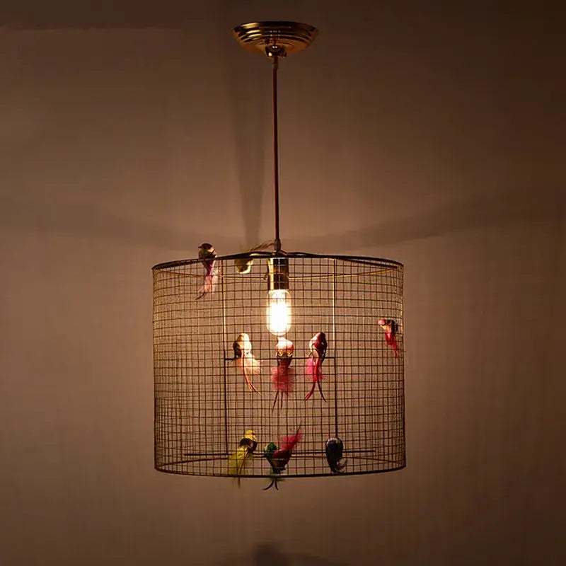 Nordic gold bird cage pendant lamp bedroom light with colorful birds