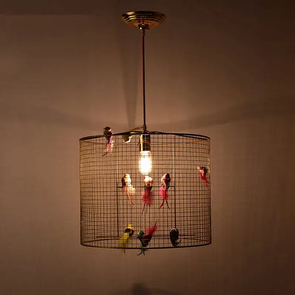 Nordic gold bird cage pendant lamp bedroom light with colorful birds