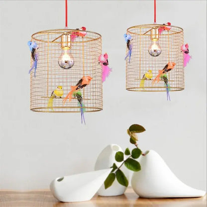 Nordic gold bird cage pendant lamp bedroom light with colorful birds
