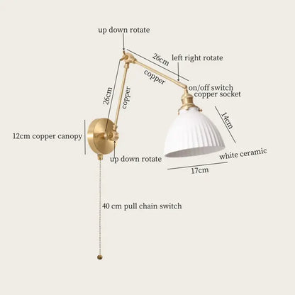 Nordic gold ceramic led wall lamp bedroom with ribbed glass shade