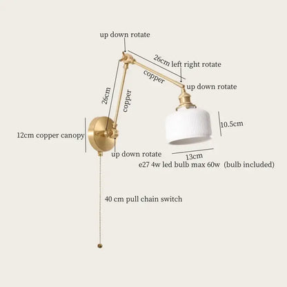 Nordic gold ceramic led wall lamp bedroom with ribbed glass shade