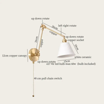 Nordic gold ceramic led wall lamp bedroom with ribbed glass shade