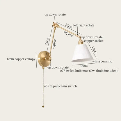 Nordic gold ceramic led wall lamp bedroom with ribbed glass shade
