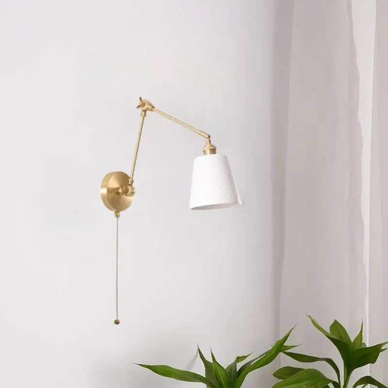 Nordic gold ceramic led wall lamp bedroom with ribbed glass shade